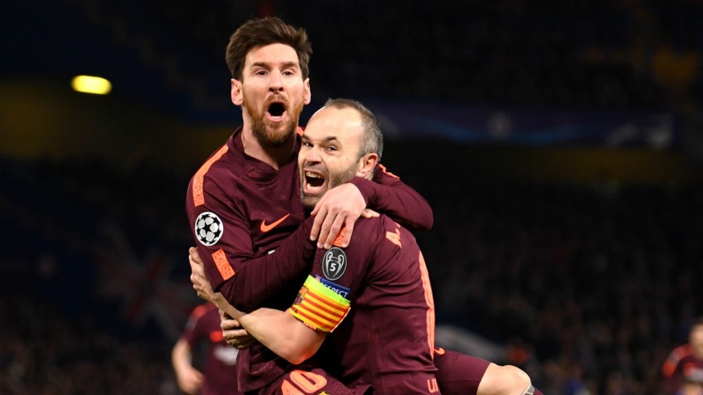 Messi and Iniesta celebrate goal in Chelsea clash