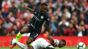 raheem sterling in Manchester City;s first victory in English football's new Premier League season